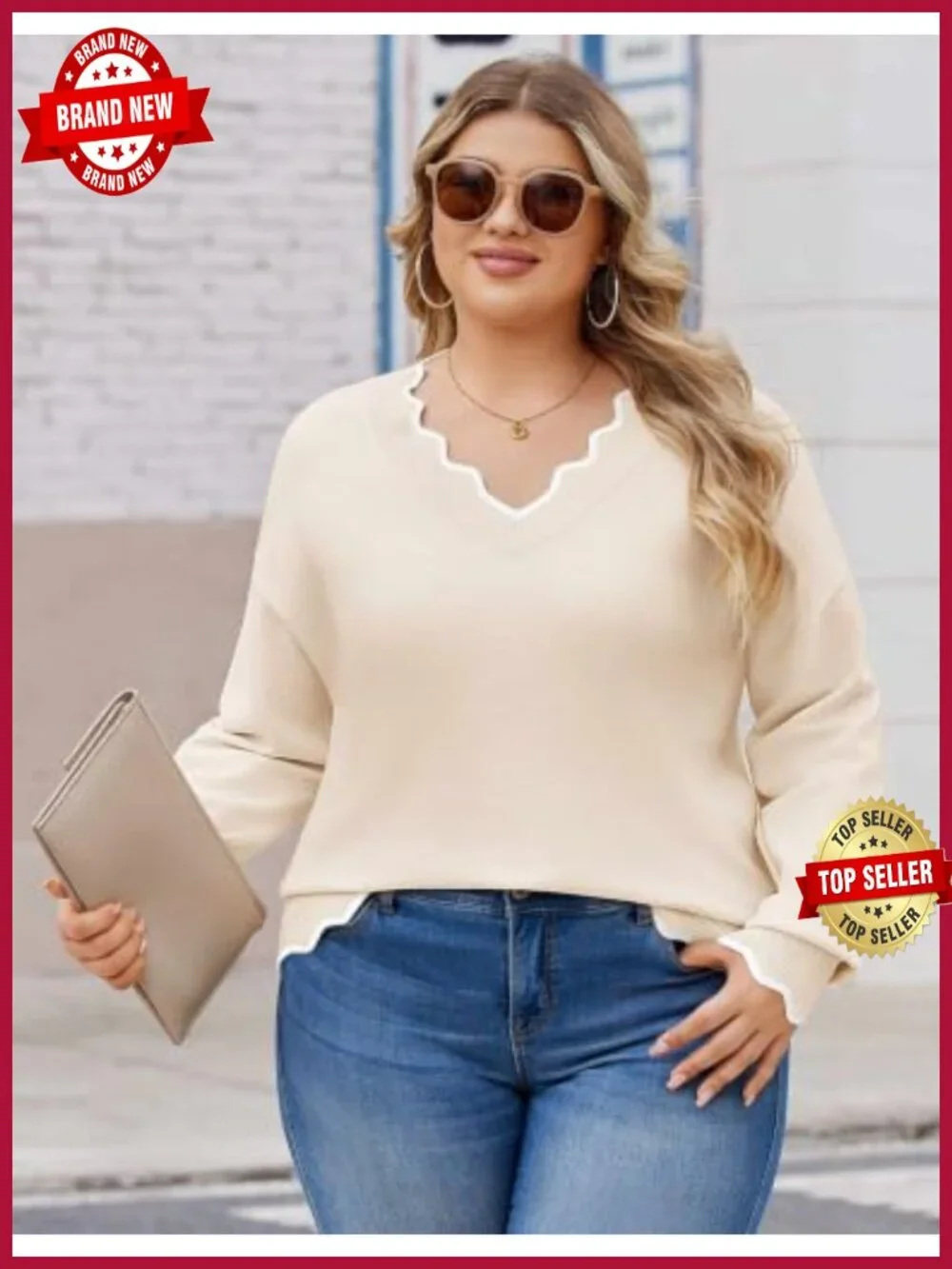 Plus Size V-Neck Sweater Long Sleeve Lightweight Knit Pullover